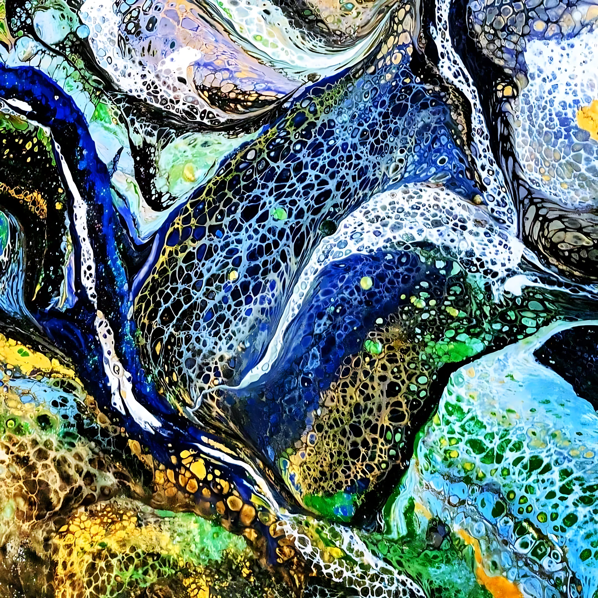 Blue, green, white and gold resin cell pattern