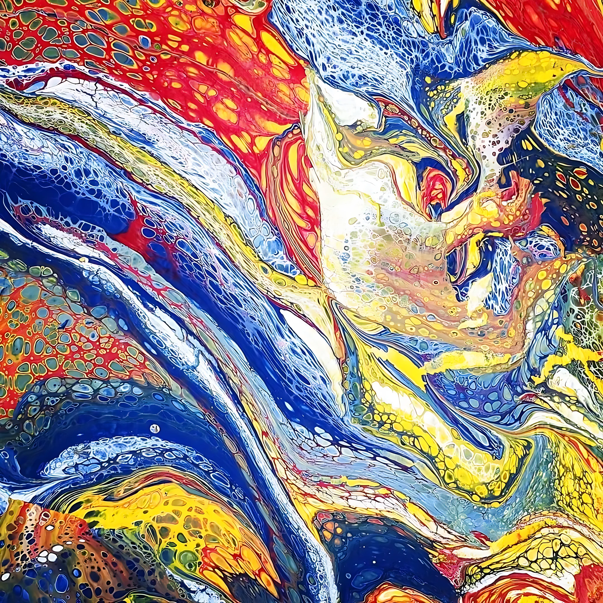 Red, blue, yellow and white flowing resin pattern