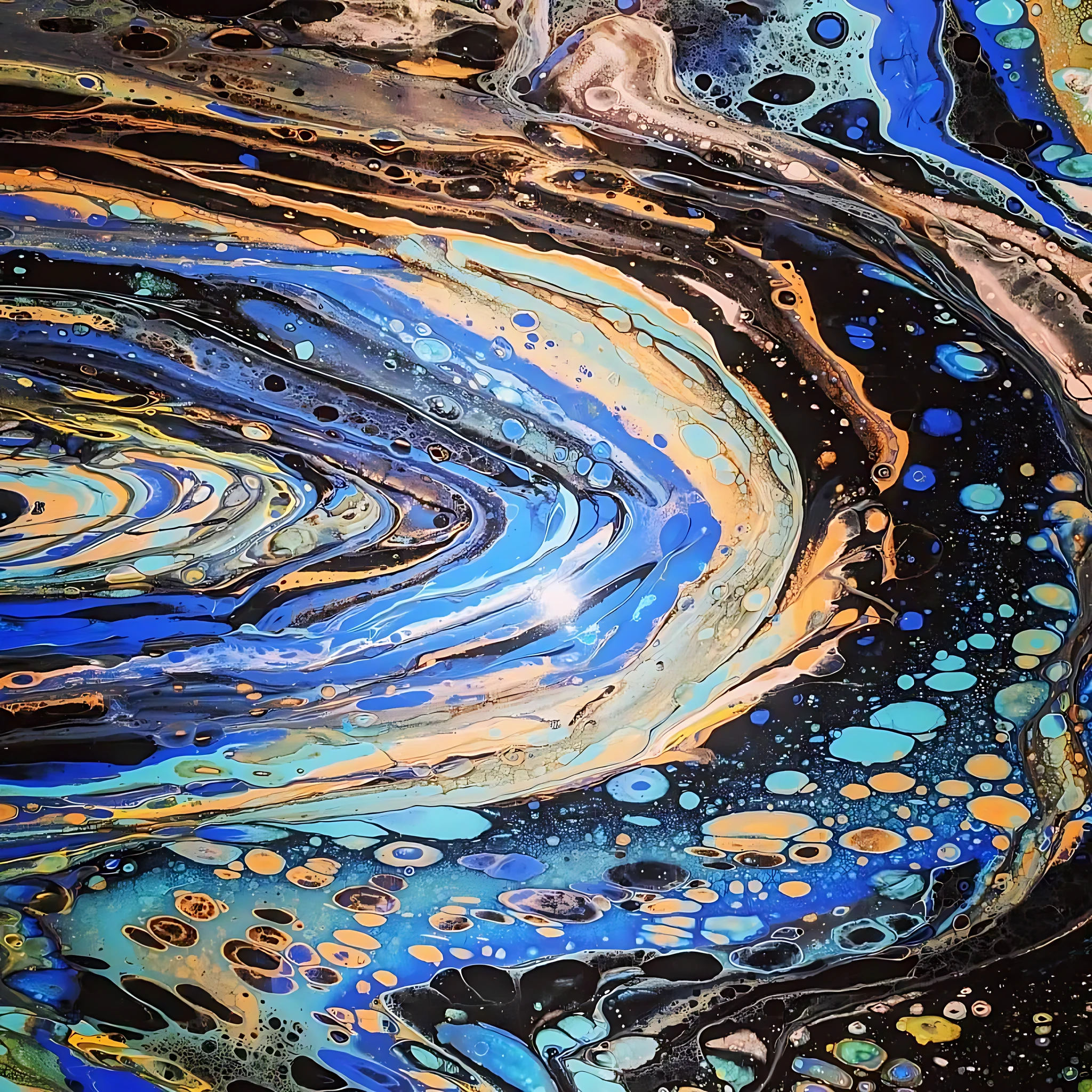 Blue, black and bronze resin pour with sweeping cellular forms