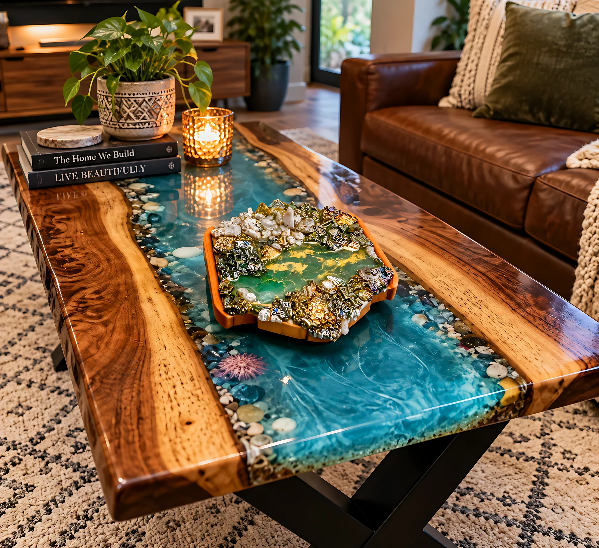 Blue epoxy river coffee table with live-edge wood in a living room