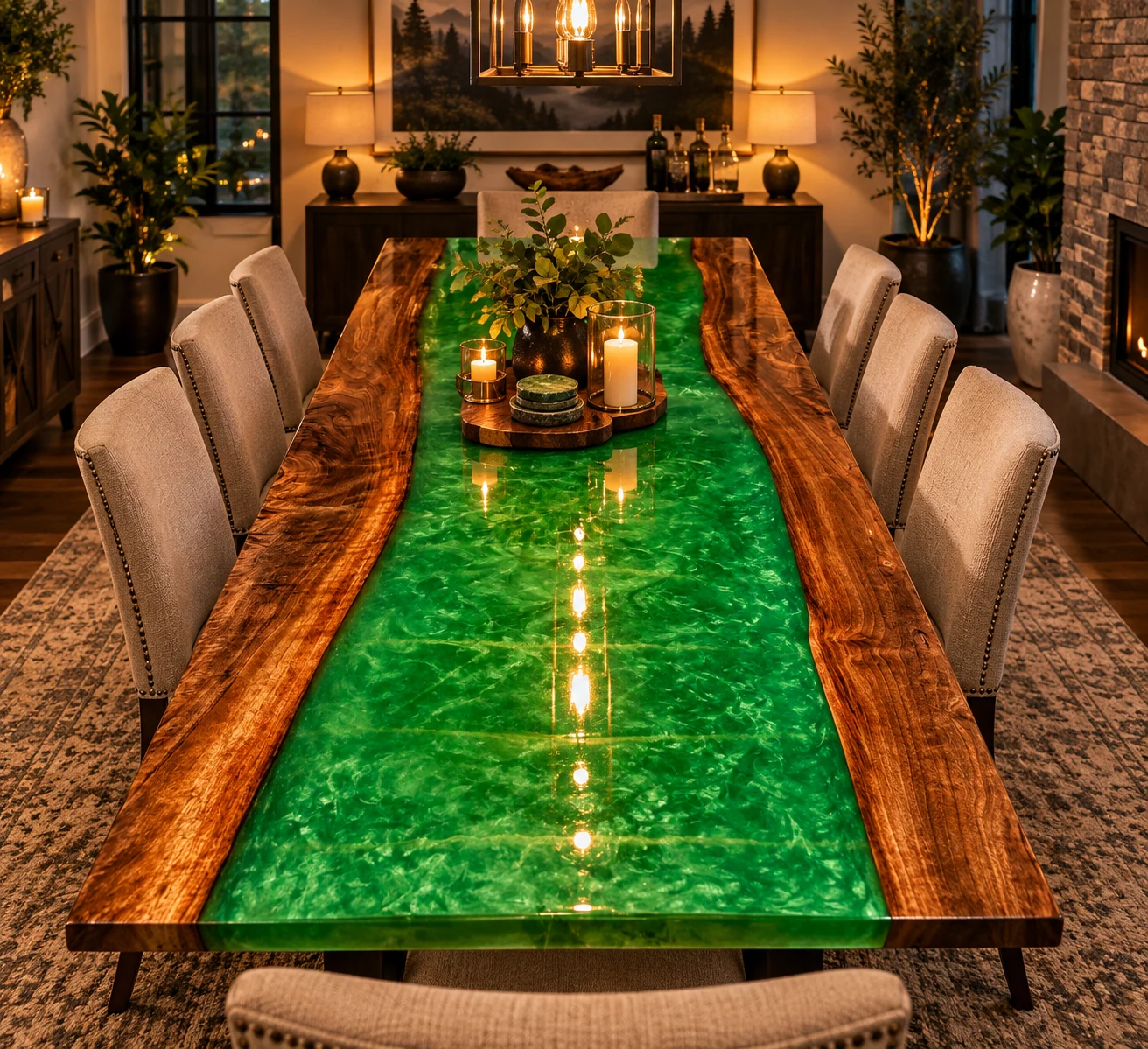 Concept render of an emerald river dining table in an elegant dining room