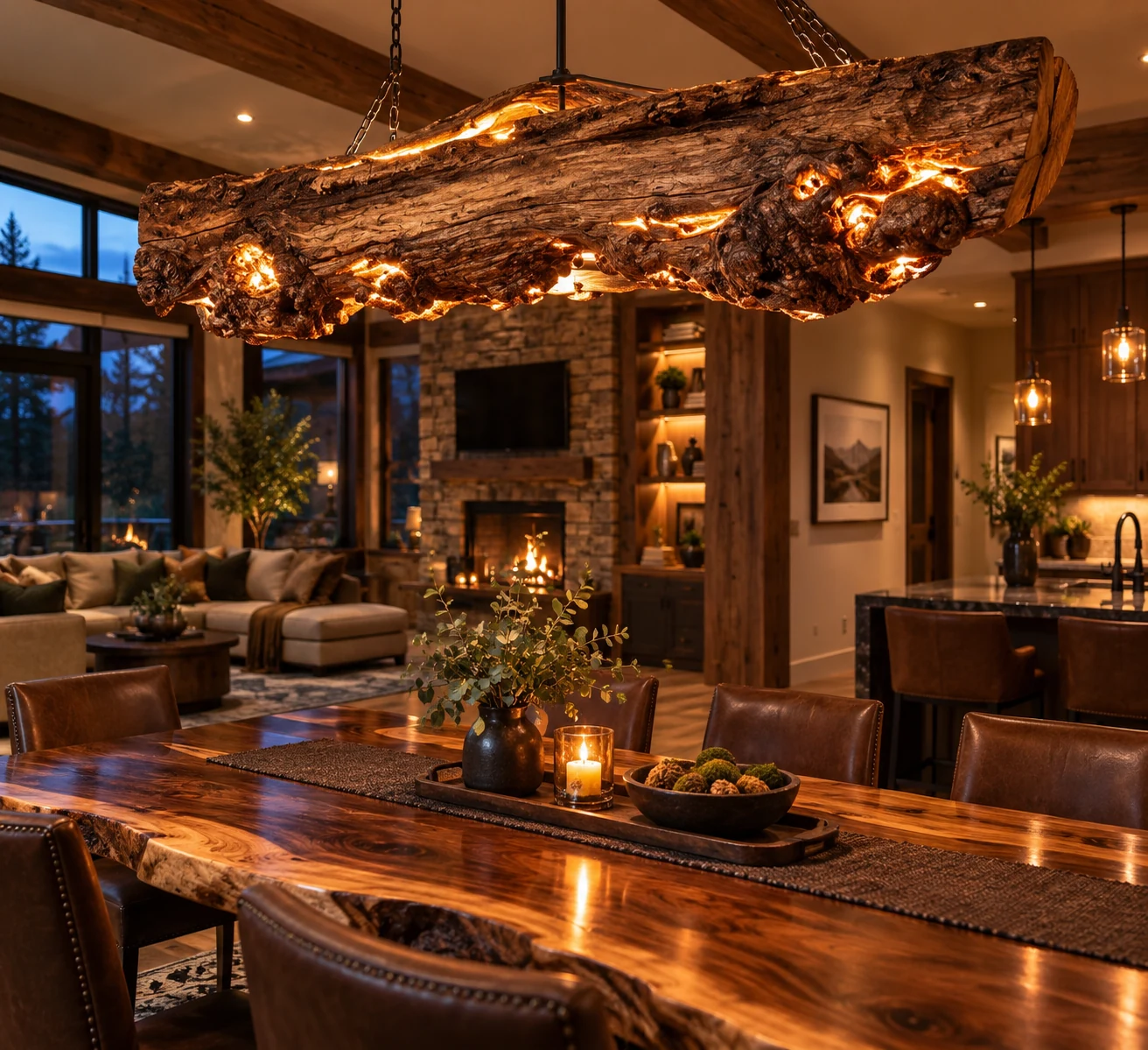 Concept render of a live wood edge dining table under a glowing log chandelier in a cabin great room