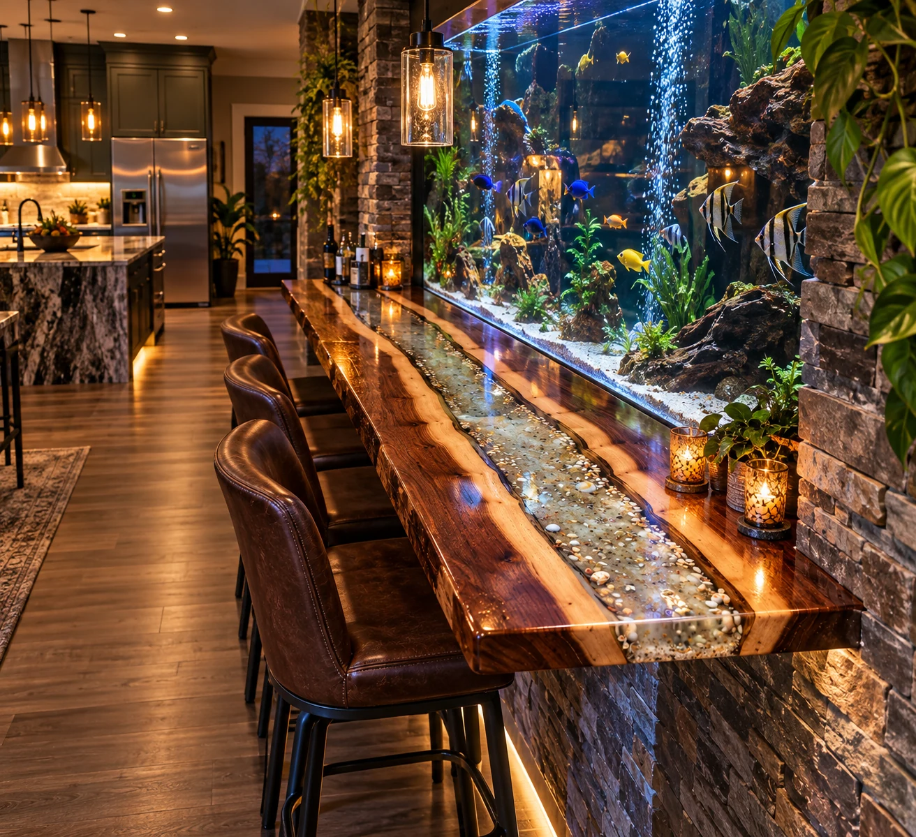 Concept render of a shell river bar top in front of a large aquarium wall in a luxury kitchen