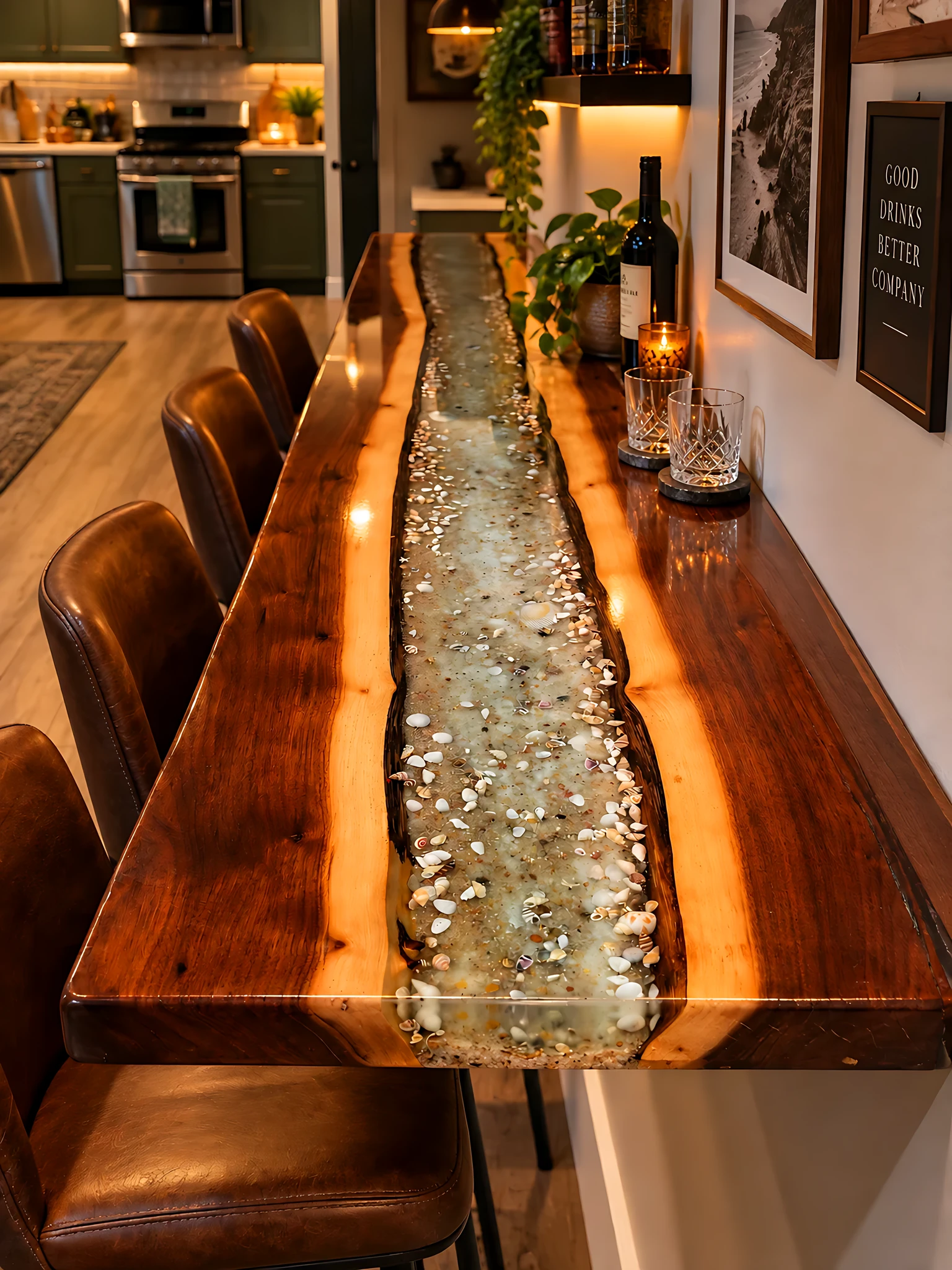 Long custom live-edge dining table with a clear shell-filled epoxy river